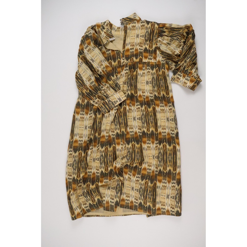 Ro's Garden Mini Dress Ikat Print Embroidered Brown Tan XS Cotton